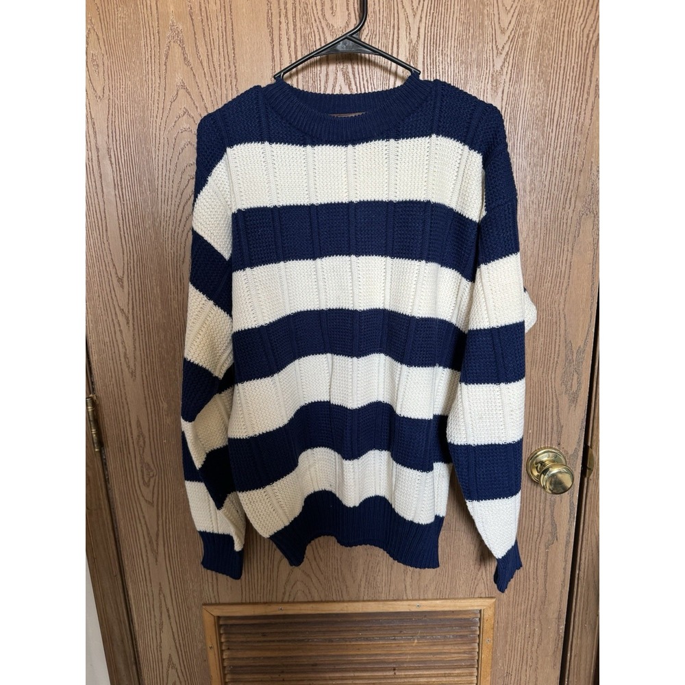 Vintage 80s Eleven Sixty Six Navy White Striped Knit Sweater Men's Large Preppy